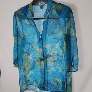 Tropical Sheer Mandarin Collar Tunic Size L Mother Of Pearl Buttons